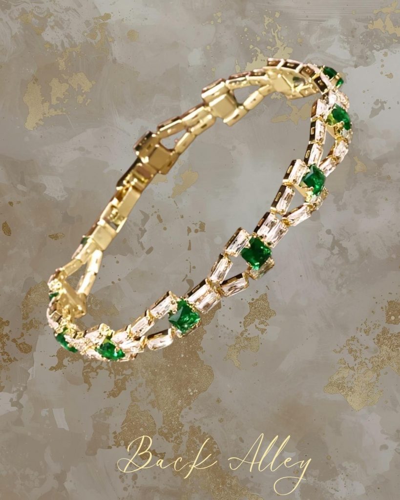 18 KT Gold Plated Tennis Bracelet Simulated Emerald and Cubic Zirconia