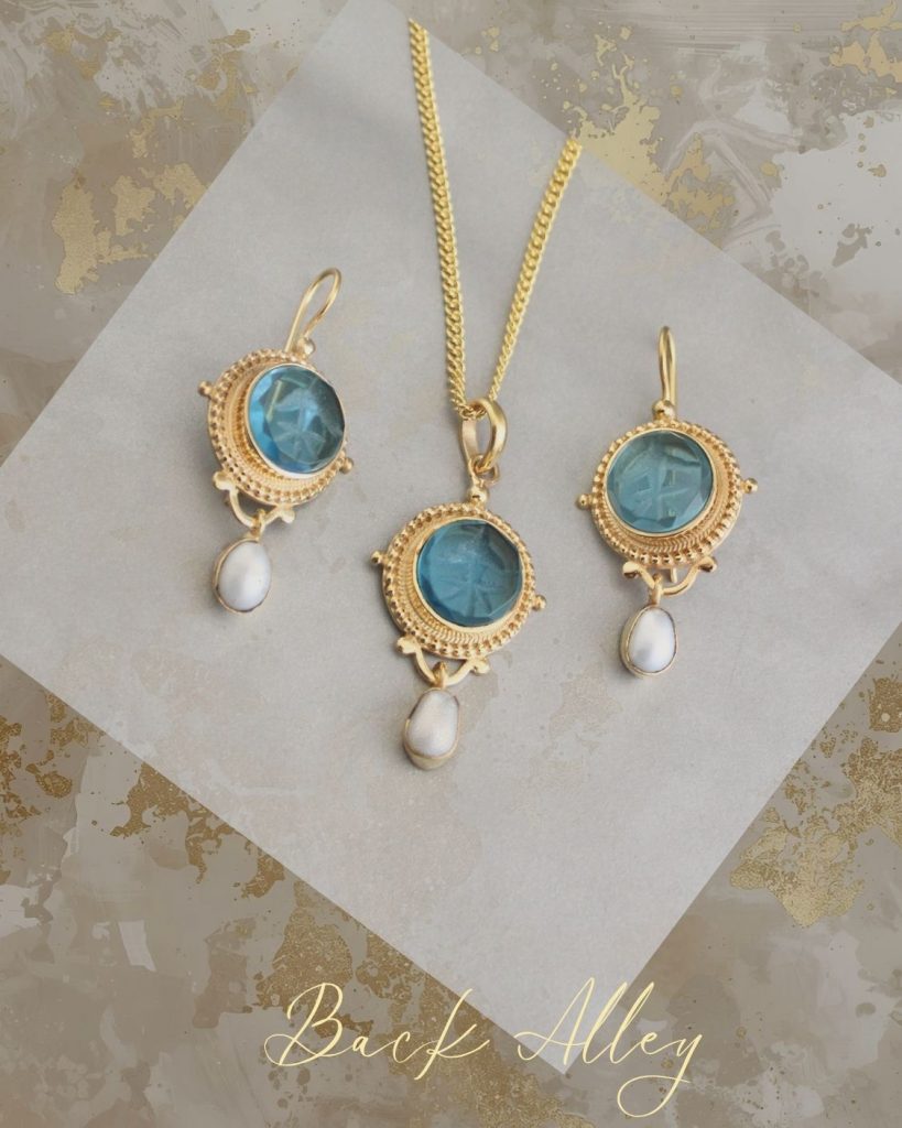 Blue Topaz Intaglio Necklace and Earrings